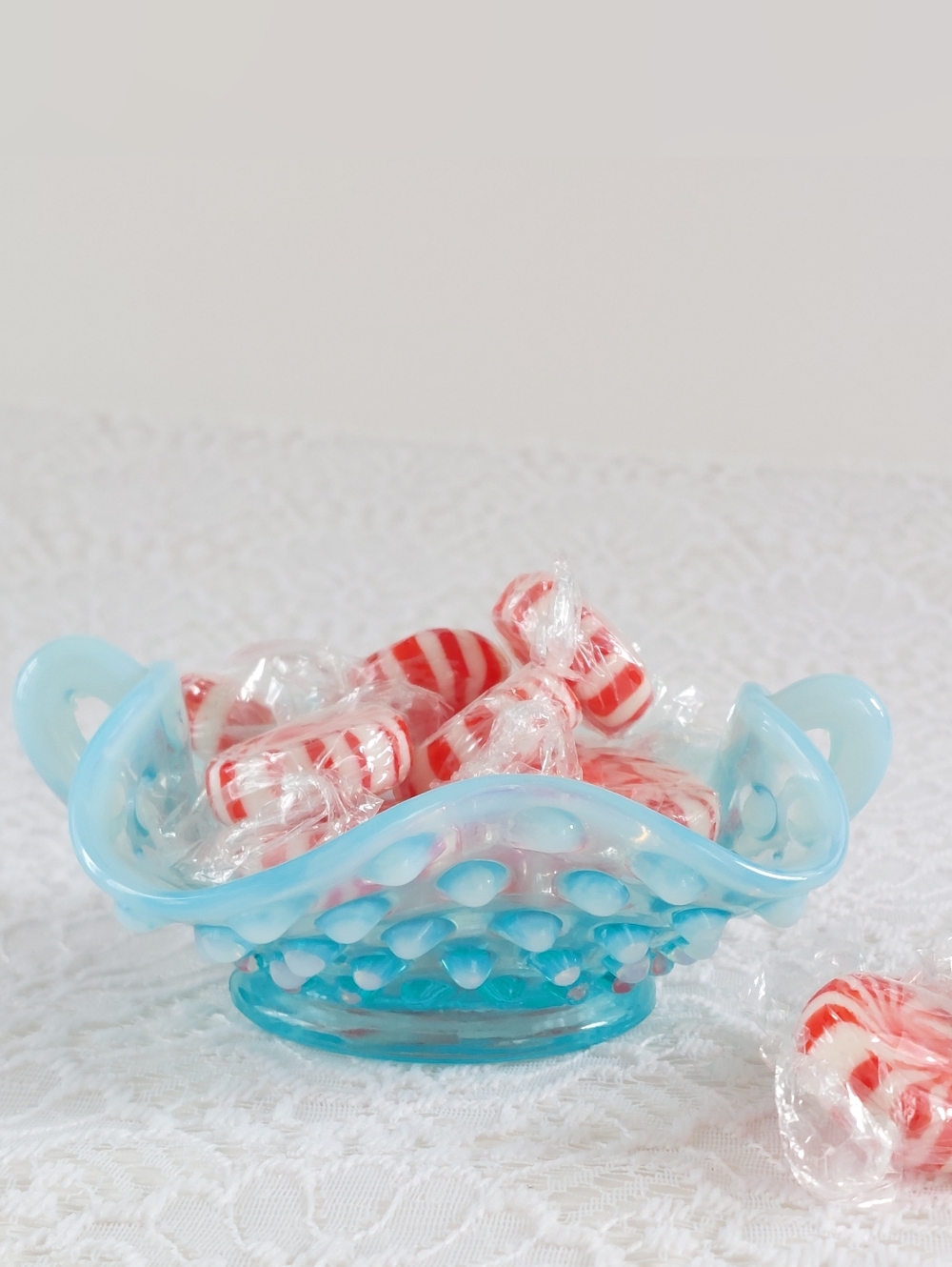 Fenton Blue Opalescent Hobnail Two-Handled Bon Bon Dish